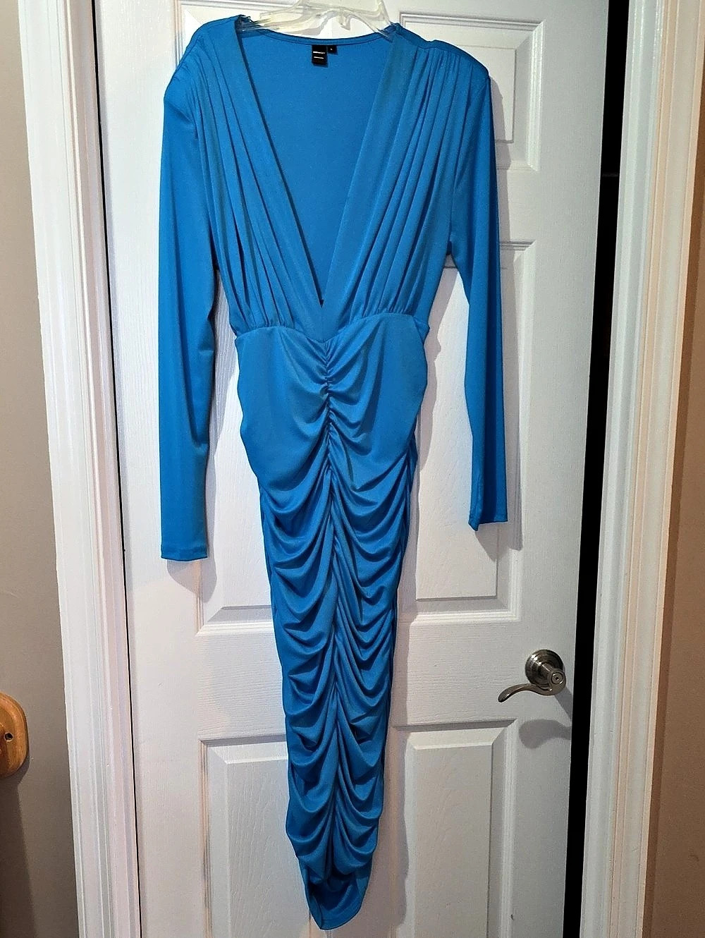 Ruched Long Sleeve Maxi Dress in Blue